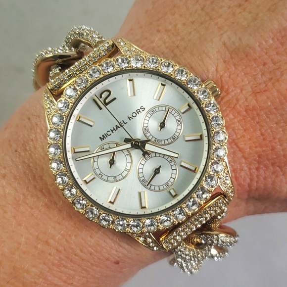 New Michael Kors Layton Gold Extreme Glitz Crystal Chain Bracelet Watch MK4653 - Picture 4 of 4